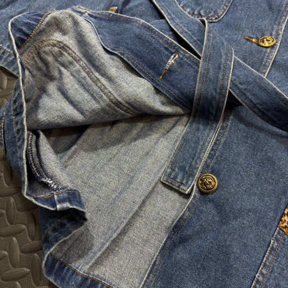 Ivana Trump Denim Jacket Womens 1X Blue Leopard Trimmed Belted Button Front - Picture 4 of 9